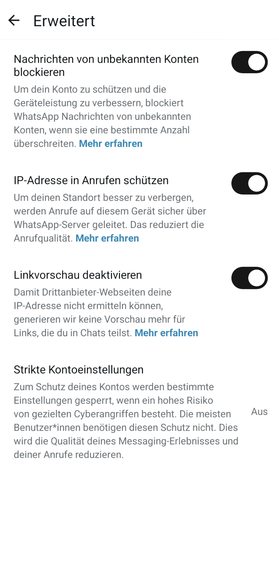 Erweiterte Datenschutzeinstellungen bei WhatsApp. Nachrichten von unbekannten Konten blockieren