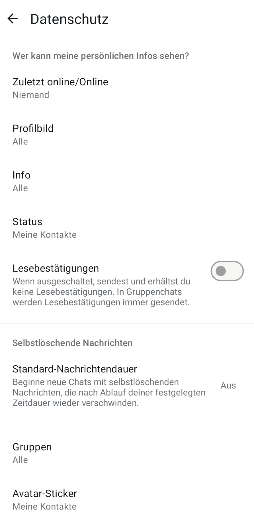 Datenschutzeinstellungen bei WhatsApp. "Wer kann meine persönlichen Infos sehen" 